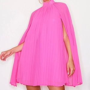 Bright Pink Pleated Cape High Neck Shift Dress